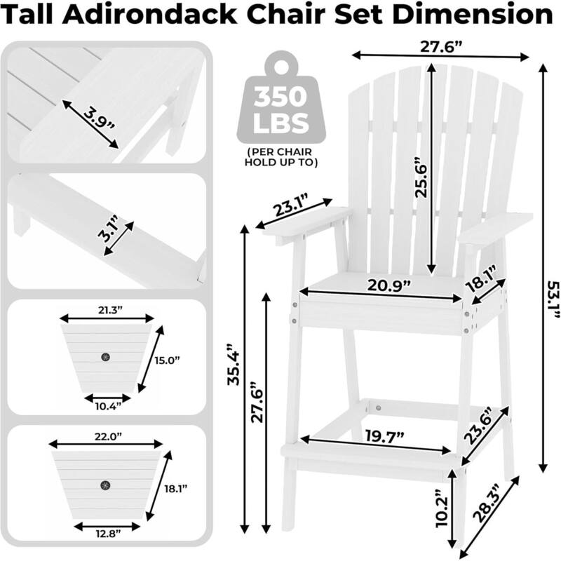 Set of 2 Outdoor Tall Adirondack Chairs Barstools for Deck, Balcony, Backyard, Patio Bar