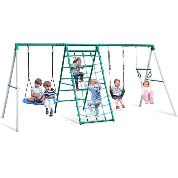 slide 2 of 8, 600lbs Swing Sets for Backyard With Saucer Swing, Trapeze Monkey Bar, Belt Swing, Climbing Rope, Climbing Ladder