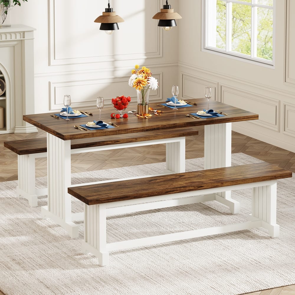 47 Inches Farmhouse Wood 3-piece Small Dining Table with 2 Benches