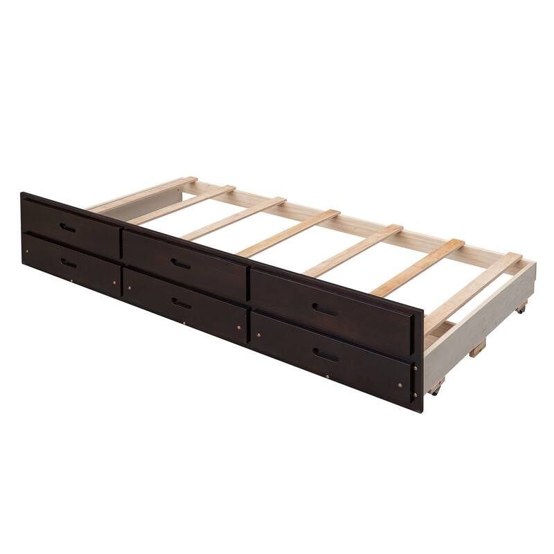 Twin-Over-Full Bunk Bed with Trundle and 3 Drawers, Playhouse-Inspired Design