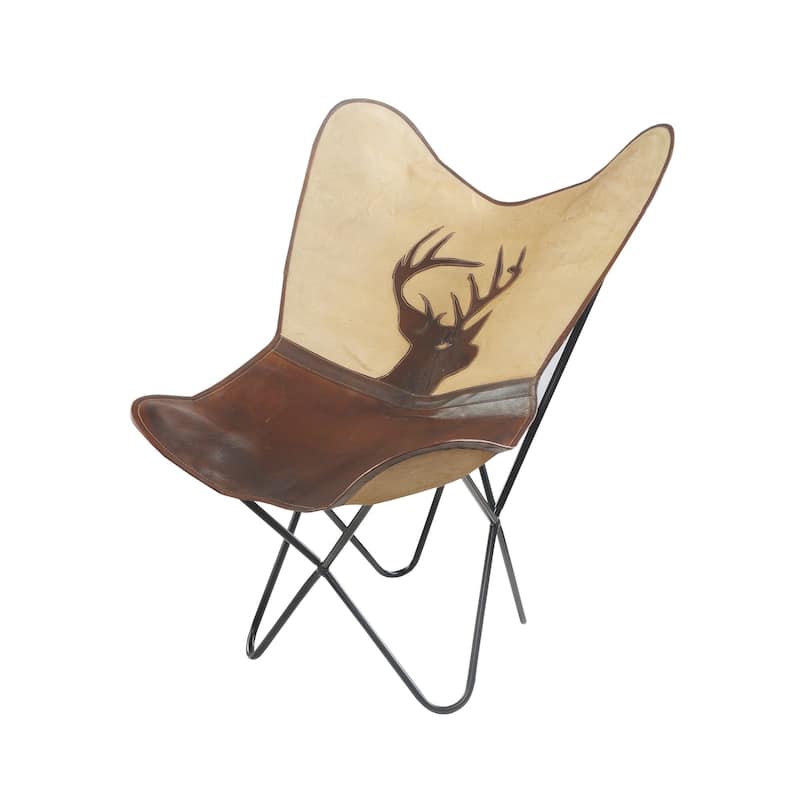 37" Brown and Off-White Deer Faux Leather Sling-Style Butterfly Chair
