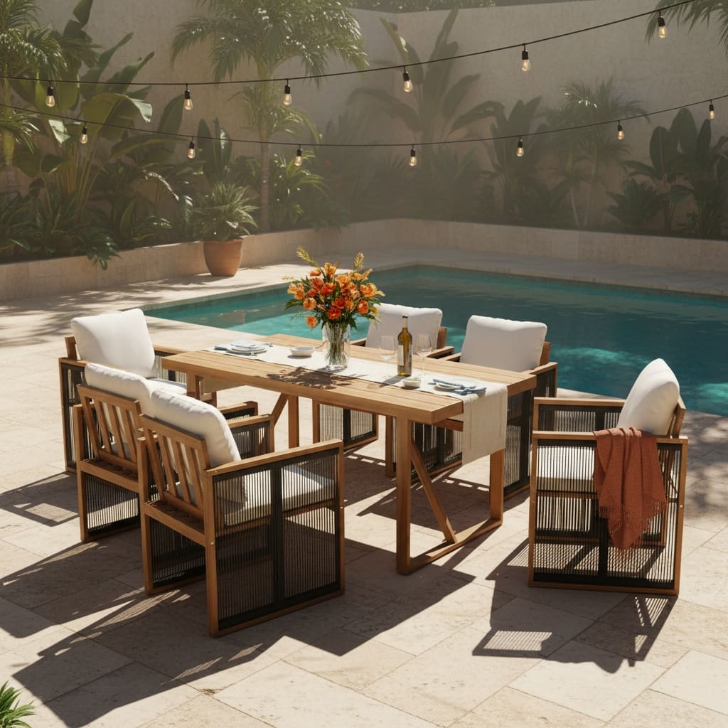 Christopher Knight Home - Modern Outdoor Acacia Wood Dining Set with Cushions and Handwoven Rope Chairs