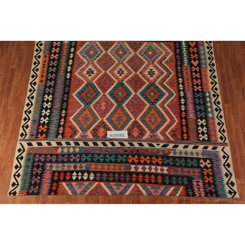 Orange Kilim Oriental Area Rug Hand-Woven Tribal Wool Carpet - 8'5"x 11'5"