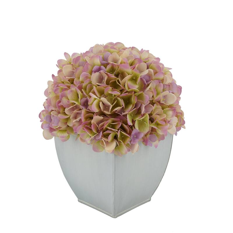 Faux Hydrangea in Cream Tapered Zinc Cube - Lilac