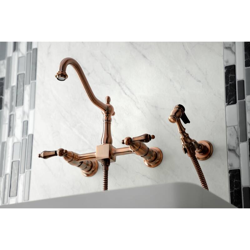 Heritage Two-Handle Wall Mount Bridge Kitchen Faucet with Brass Sprayer