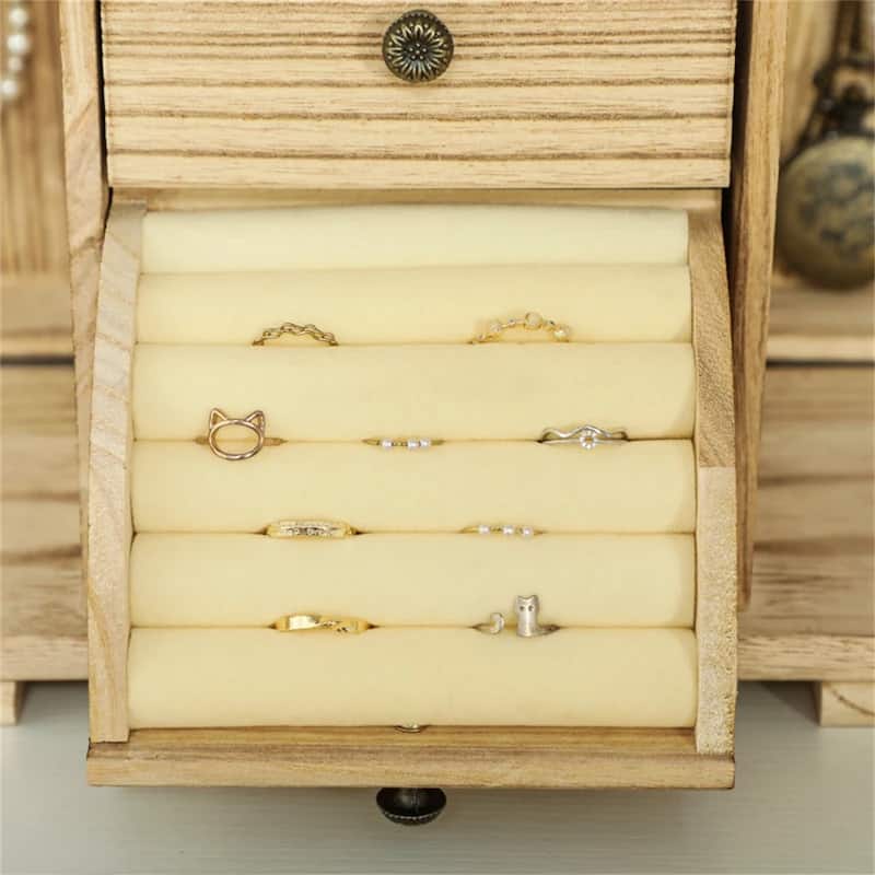 Brown Wooden Jewelry Box with Mirror and Rotating Doors, 4 Tier Storage Drawers for Rings and Necklaces