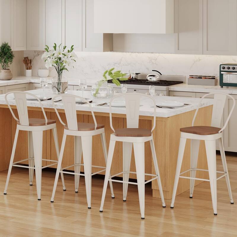 Swivel Counter Stools with Metal Frame Farmhouse Counter Chairs with High Back 24" Kitchen Bar Furniture Stools with Wooden Seat - Off-White - Set of 4