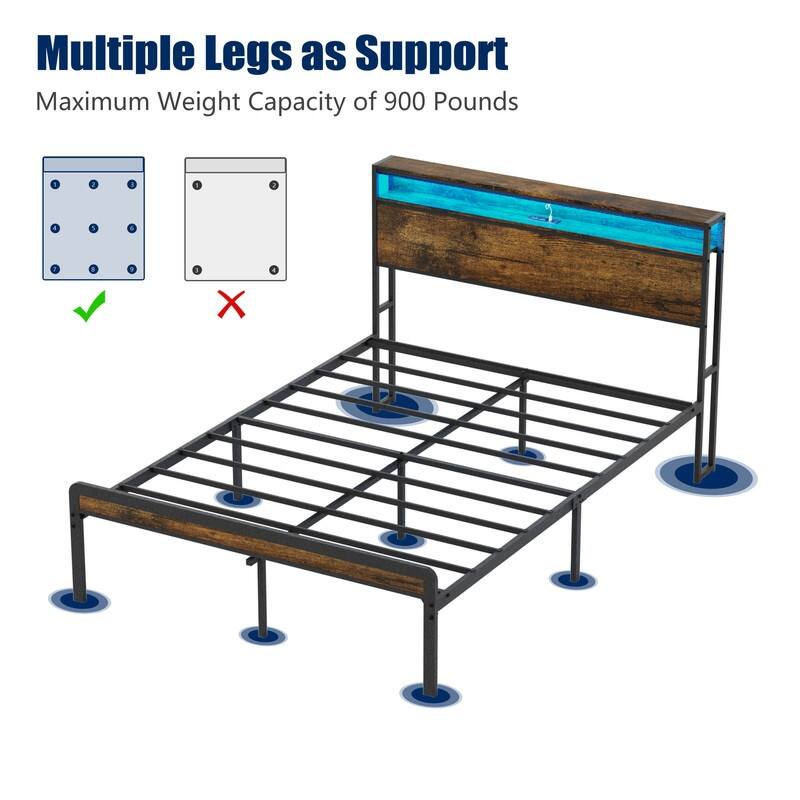 Full Size Metal Platform Bed with Headboard and Footboard, LED Lighting
