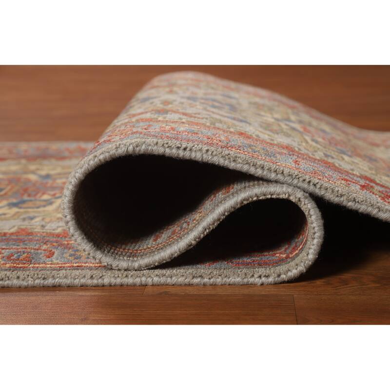 Hand Knotted Oriental 100% Wool Carpet Traditional Geometric Greys & Charcoal Heriz (serapi) Runner Rug - 7' 11'' X 2' 7''