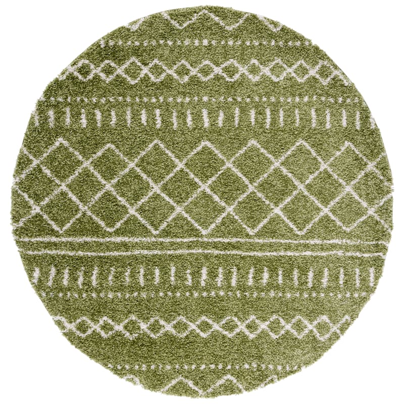 SAFAVIEH Arizona Shag Lotta Moroccan 1.2-inch Thick Rug - 6'7" x 6'7" Round - Green/Ivory