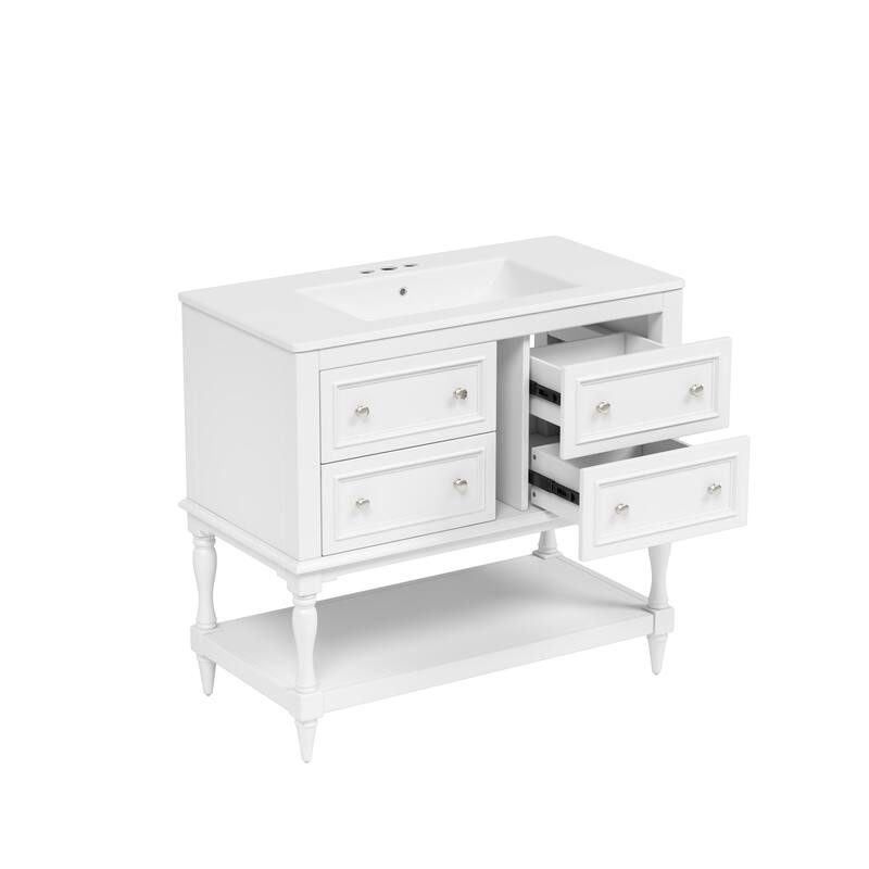 Bathroom Vanity with Ceramic Sink, Solid Wood Vanity Set with 4 Drawers, Bathroom Storage Cabinet with Open Shelf