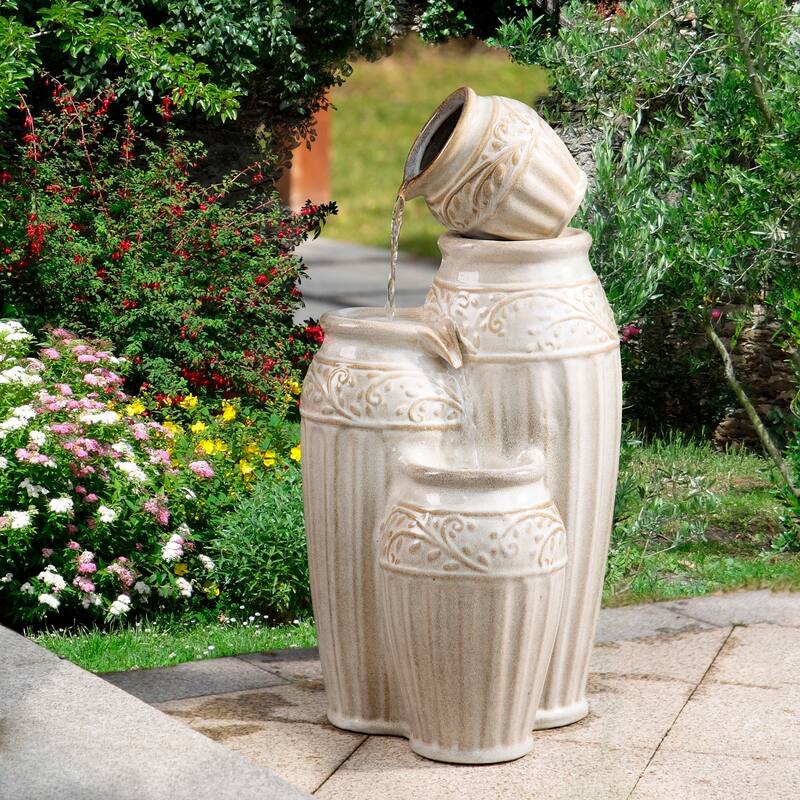 Glitzhome 27"H/35"H 4-Tier Embossed Pattern LED Ceramic Pots Fountain