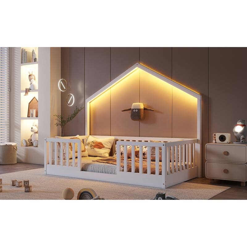 Roomfitters Twin/Full Floor Platform Bed, House Frame and LED Light with Wooden High Rails for Bedrooms or Guest Rooms