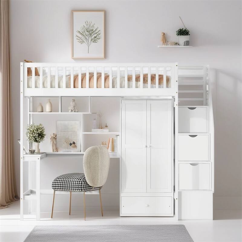 Twin size Loft Bed with Bookshelf,Drawers,Desk,and Wardrobe - White