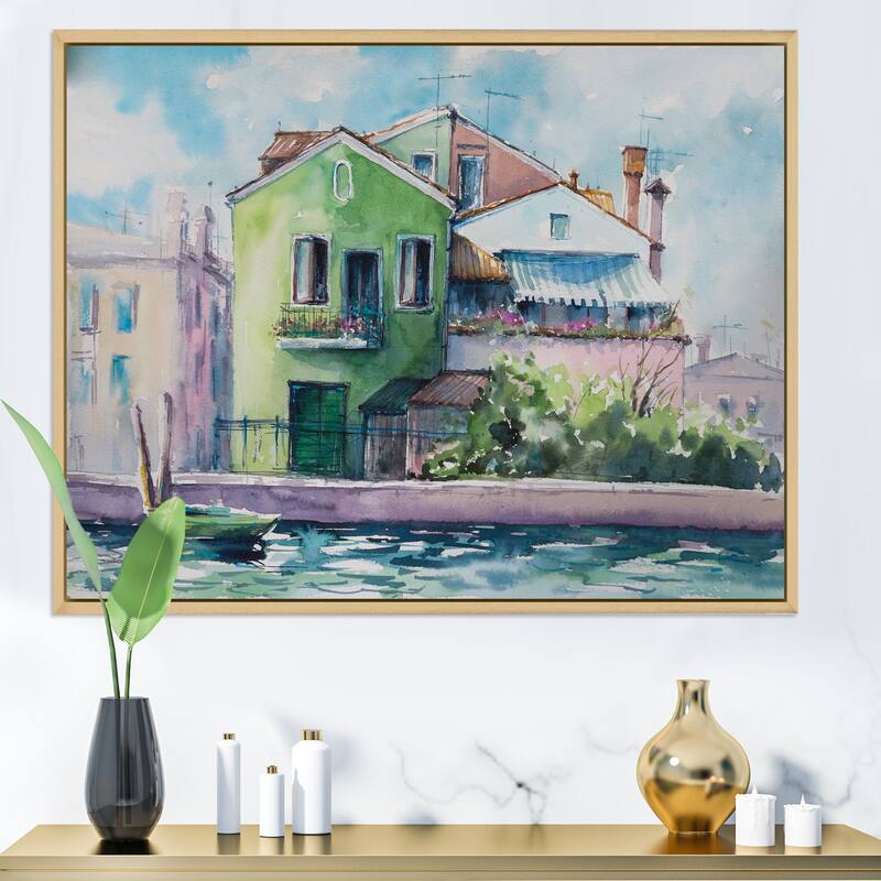 Designart "Sunny Day On The Waterfront On The Island" French Country Framed Canvas Wall Art Print - 32 in. wide x 16 in. high - Maple