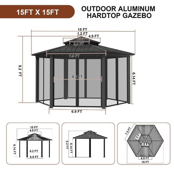 15x15 Ft Aluminum Double Roof Gazebo Hexagon Gazebo with Nettings