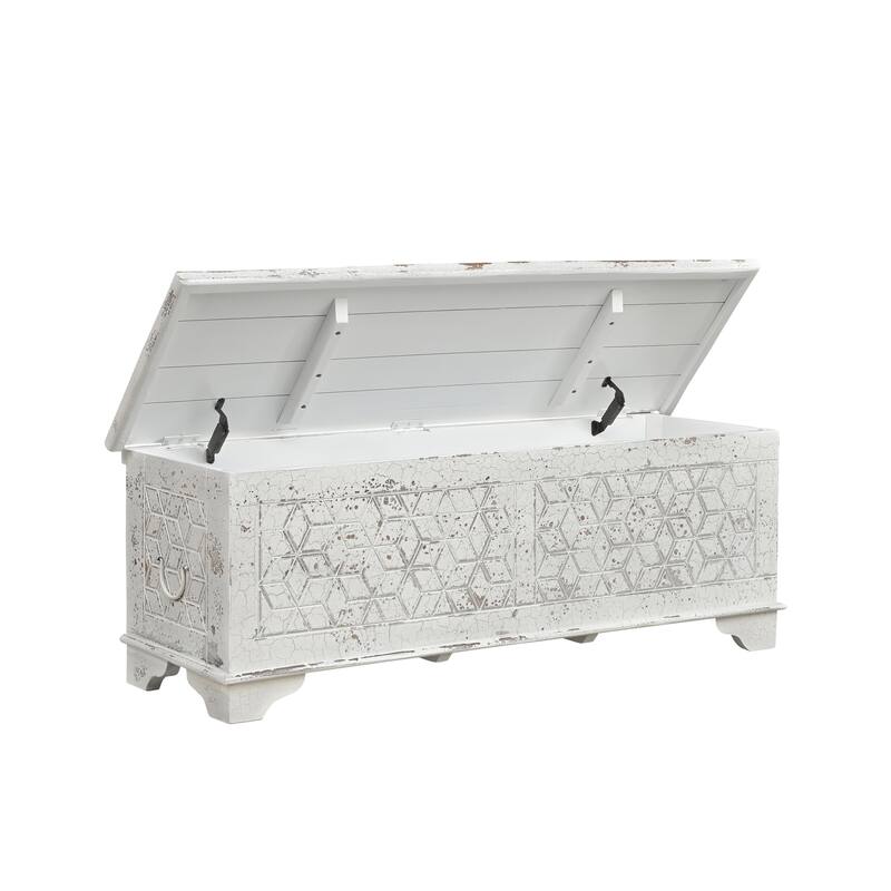 Clara Solid Wood Storage Ottoman with Geometric Carved Design