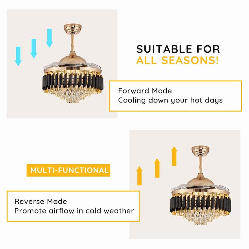 Modern Gold Black Retractable Crystal Ceiling Fan With Lights, Dimmable LED Luxury Chandelier Ceiling Fan With Remote Control