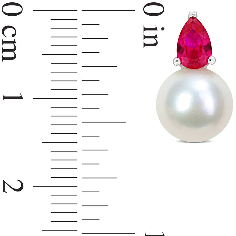 Miadora 1 1/3ct TGW Created Ruby and 8.5-9mm Cultured Freshwater Pearl Earrings in Sterling Silver - 15.5 mm x 8.7 mm x 8.7 mm
