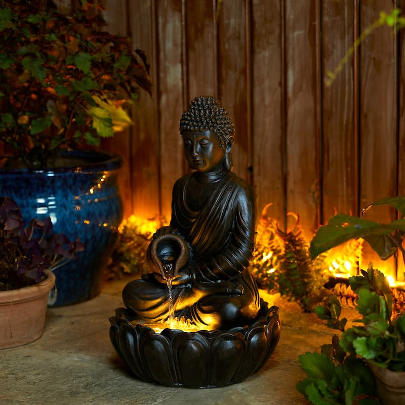Glitzhome Polyresin Meditating Buddha Frog/Elephant Statue Outdoor Water Fountain with LED Lights