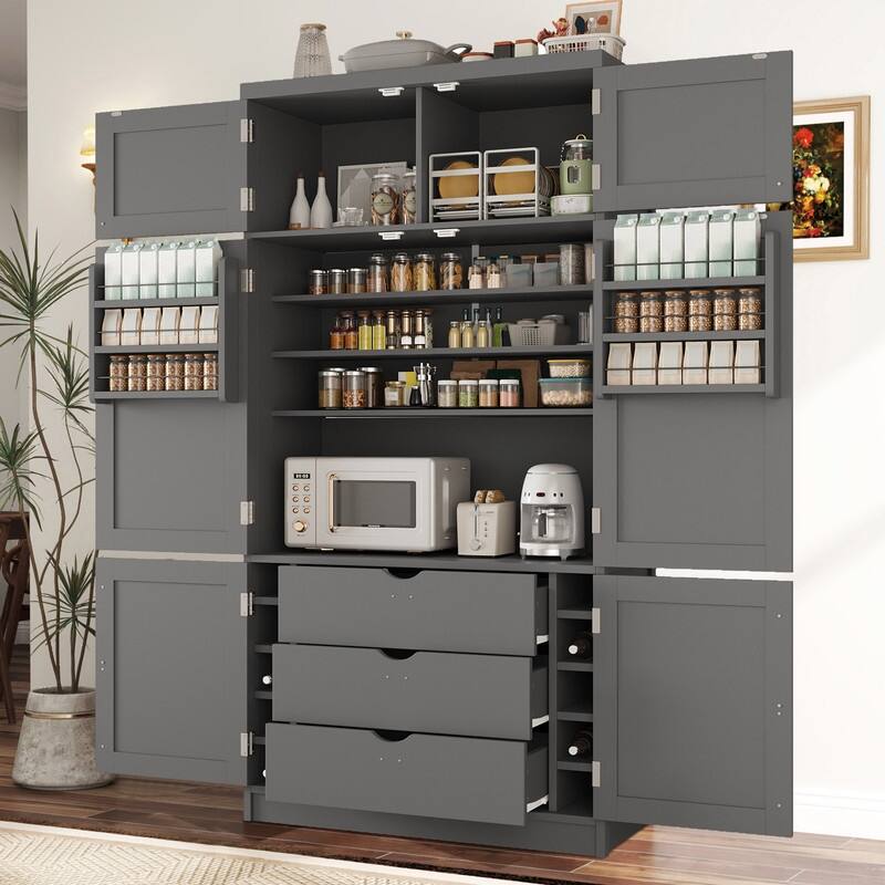 Modern 80.1" Tall Freestanding Kitchen Pantry Cabinet with Adjustable Shelves and 2 Power Outlets