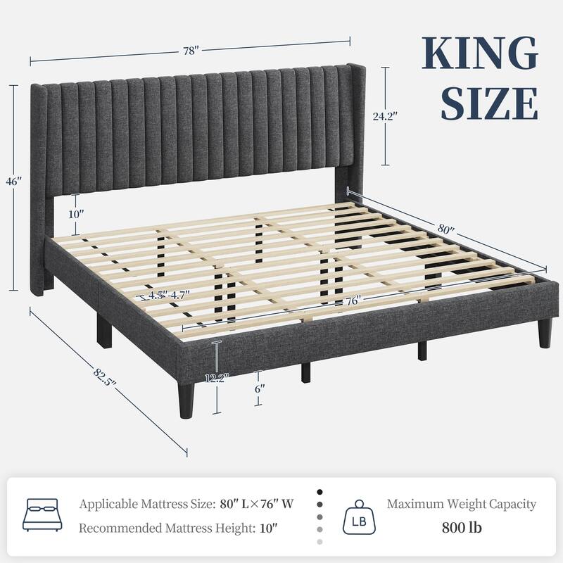 Yaheetech Upholstered Bed Frame with Wing Side Fabric Upholstered Bed with Headboard