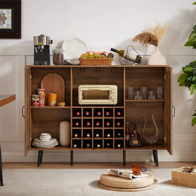Rattan Barn Door Wine Cabinet with Wine Rack and Wine Glass Rack, Double Door Buffet Cabinet with Removable Shelves