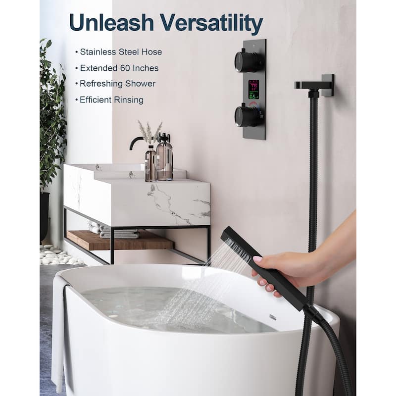 GRANDJOY Thermostatic Shower System Rainfall 12" Ceiling Mount Shower Faucet Digital Display Body Jets Handheld Shower Head