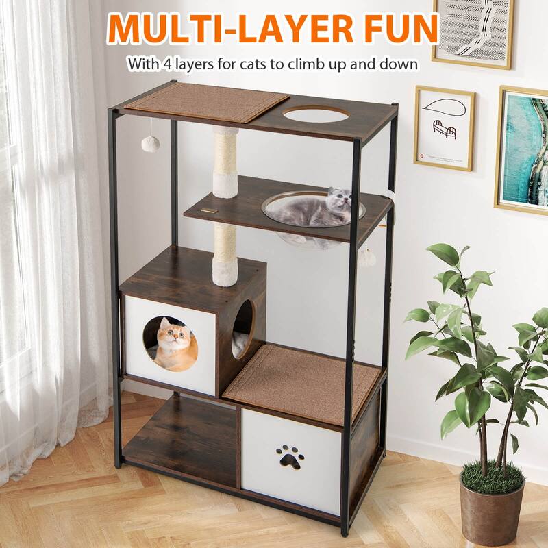 Costway 52" Tall Wooden Cat Tree with Metal Frame 2 Condos Sisal - as pic shows - See Details