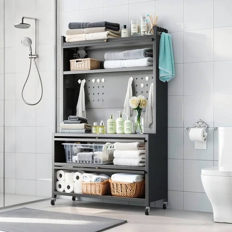 64" Mobile 5-layer Metal Kitchen Pantry Storage Cabine with Transparent Flap Door and DIY Hole Board