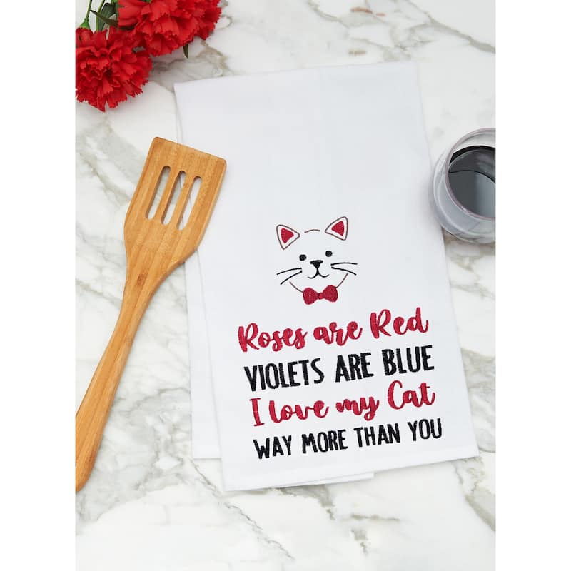 Valentine's Day "I Love My Cat" Whiskers Embroidered Flour Sack Kitchen Dishtowel