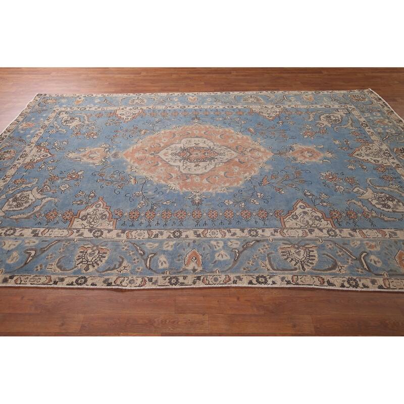 Blue Tabriz Persian Vintage Area Rug Handmade Wool Carpet - 6'11"x 10'9"