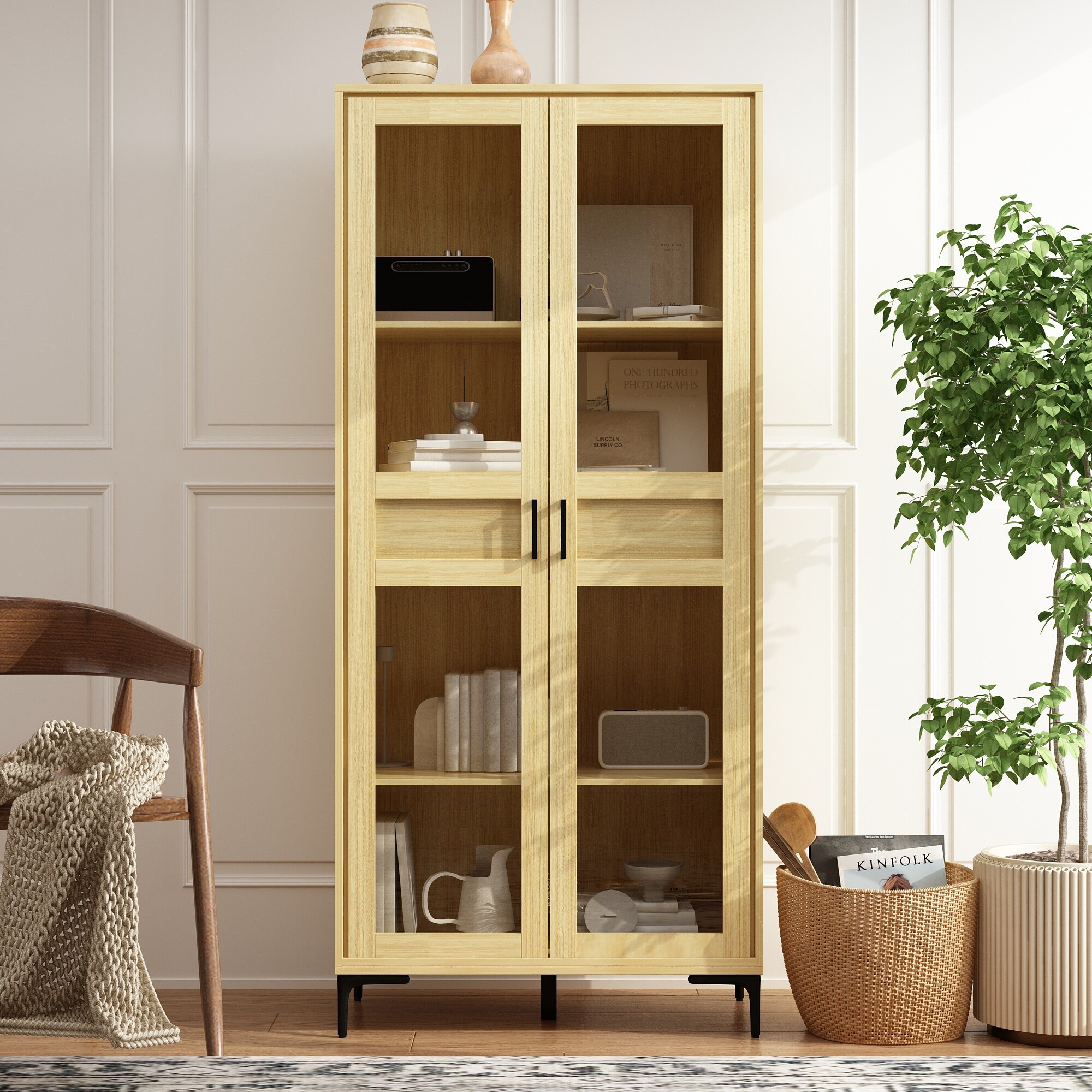 Glass Door Curio Cabinet Light Wood Finish Home Storage