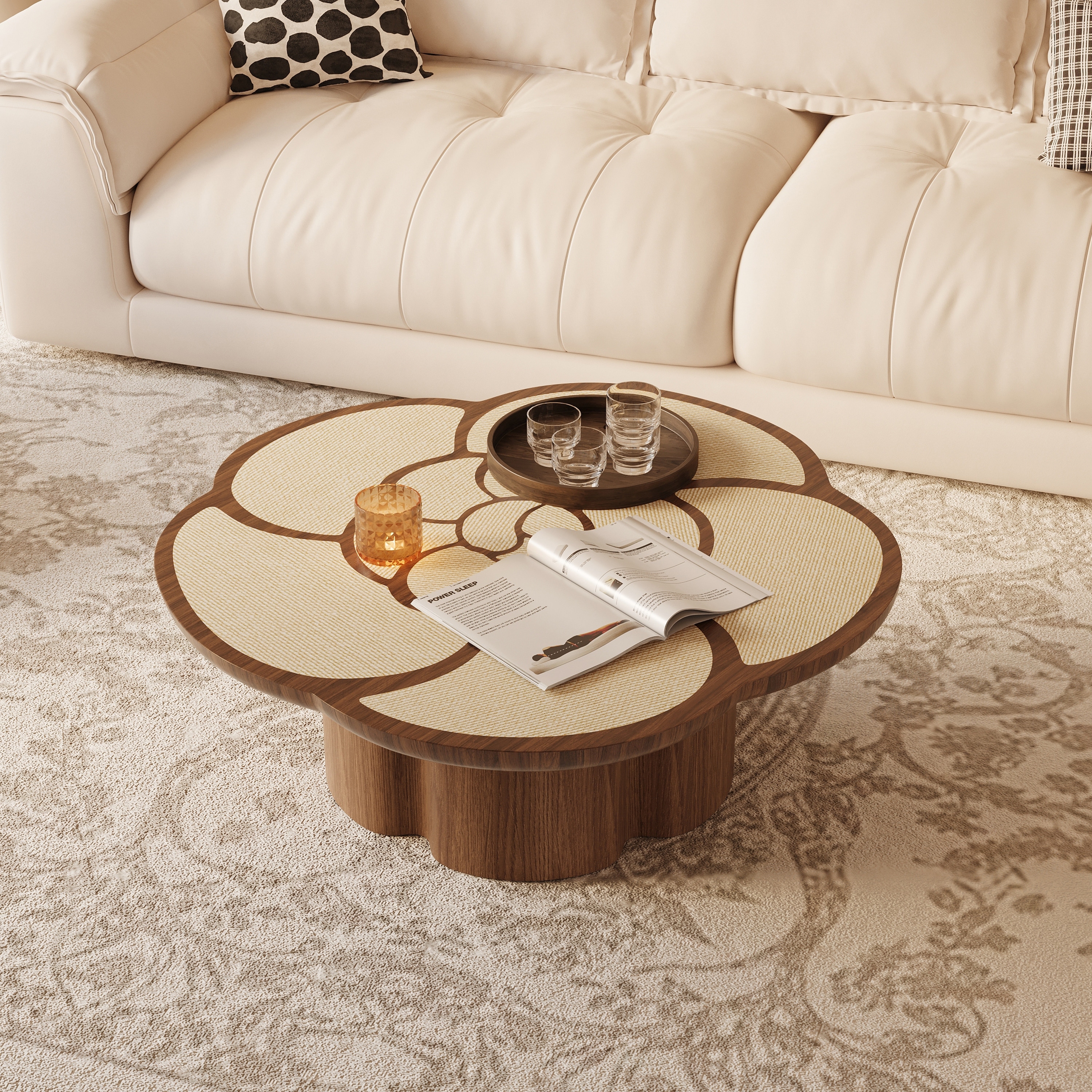 39" Walnut Tone Two-Tone Petal Wooden Coffee Table, Thick Solid Wood Base Living Room Cocktail Table