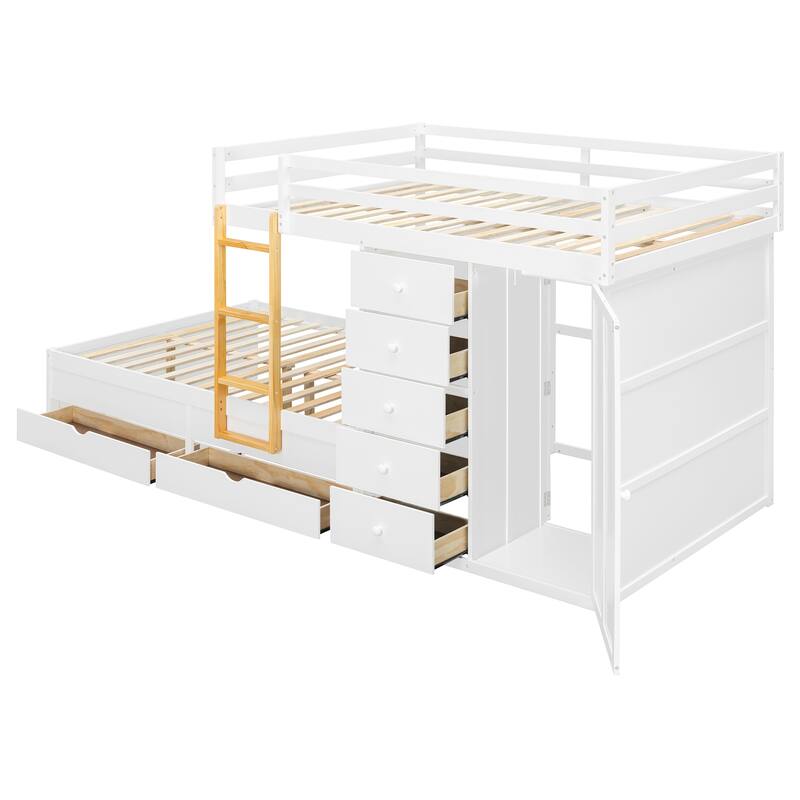 Full Size Bunk Bed with Storage - 2 Large & 5 Small Drawers, Small Wardrobe, MDF & Solid Wood