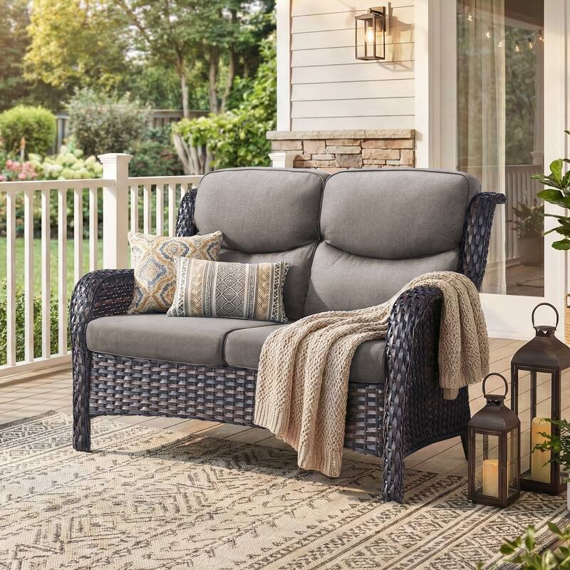 Pocassy Outdoor Patio Loveseat All-Weather Wicker Loveseat with Cushions - Brown Wicker Gray Cushion - 1-Piece Loveseat Sofa with 5 Inch Cushion