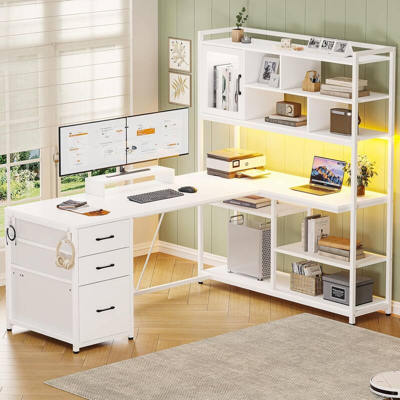 L Shaped Computer Desk 58'' Office Desk with 3 Drawers and Bookshelf