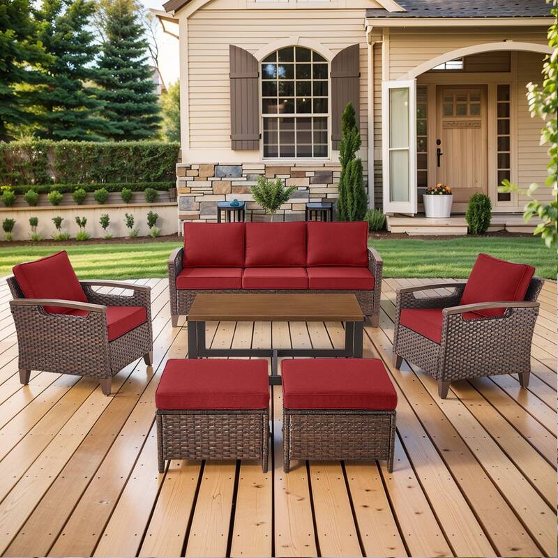 Pocassy Outdoor Brown Wicker Funitre with Cushion Set - Red Cushion - Sofa with Club Chair Table Ottoman Set