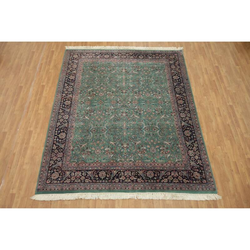 Hand Knotted Oriental 100% Wool Carpet Traditional All-Over Green Kashan Area Rug - 9' 11'' X 8' 1''