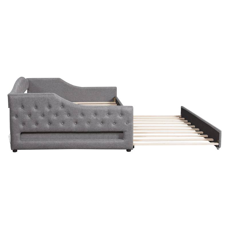 Full XL Upholstered Daybed with LED Lighting and Trundle, Gray