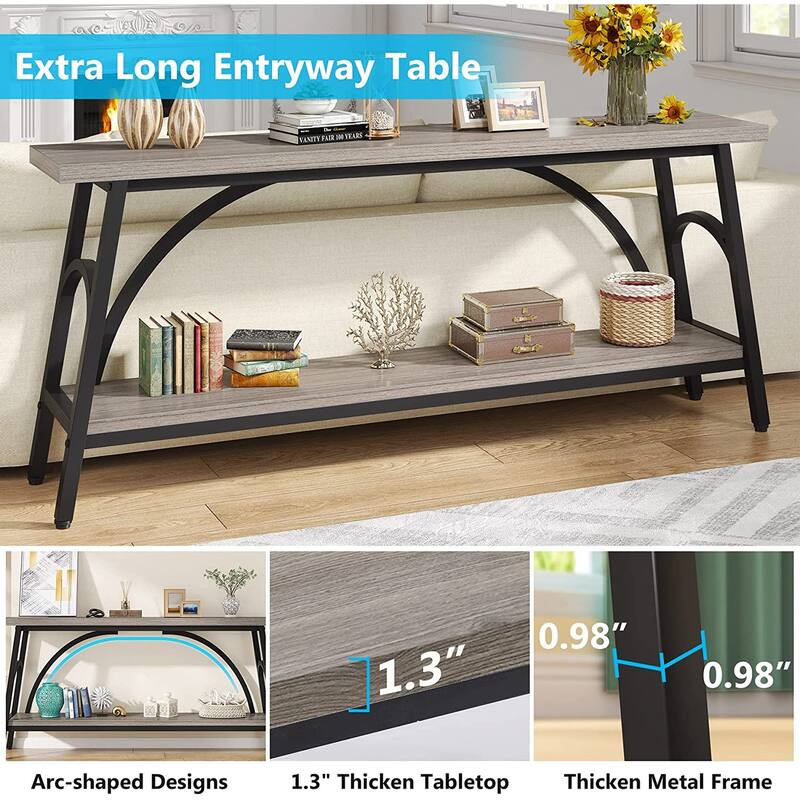 70.8” Extra Long Console Table, Narrow Sofa Tables with 2 Tier Storage Shelves