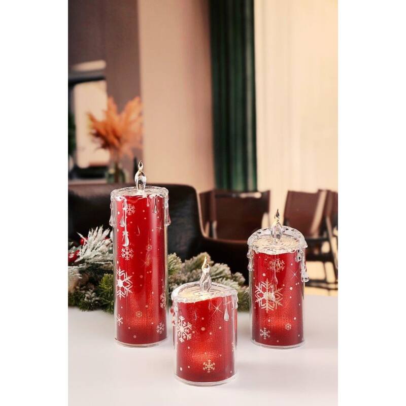 3pc Snowflake LED Flameless Candle Lights - 9.5" - Red - Set of 2