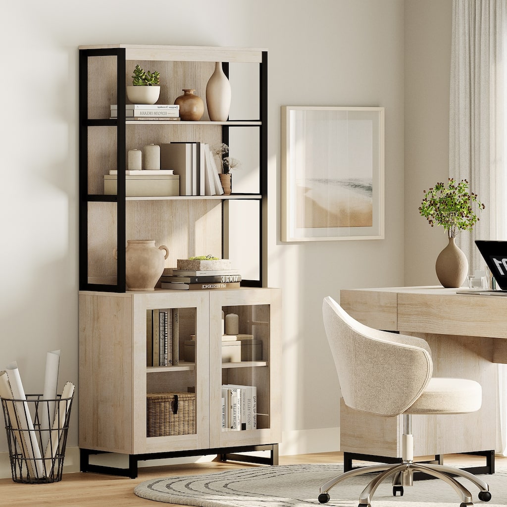 Modern 72" Tall Bookcase with Glass Doors and Adjustable Shelves for Home Office, Living room.