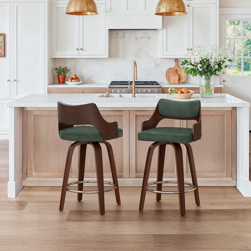Set of 2 Modern Swivel Bar Stools with Curved Wood Back Upholstered Armrest Counter Stool - Green