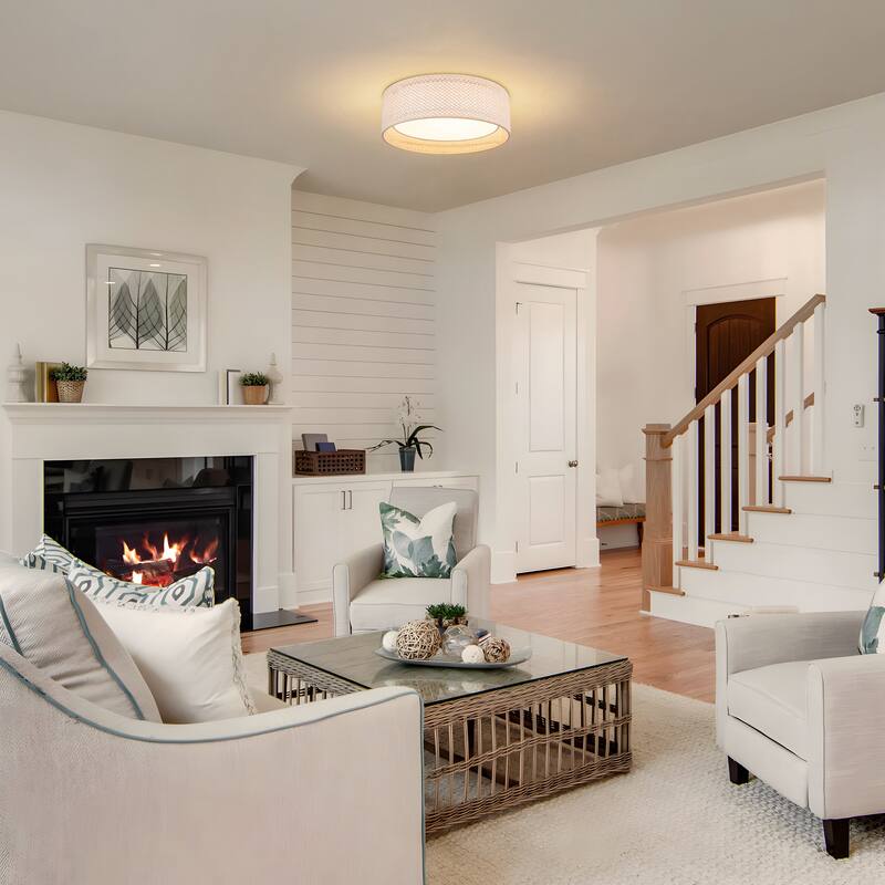 Hand-Woven Rattan Drum Flush Mount Ceiling Light