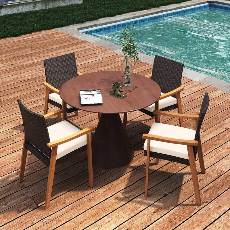 Gymax Patio Dining Chair 4 PCS w/Cushion Wood Armrests Metal Frame for