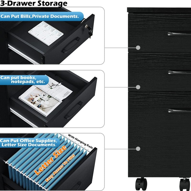 3 Drawer Wood Mobile File Cabinet