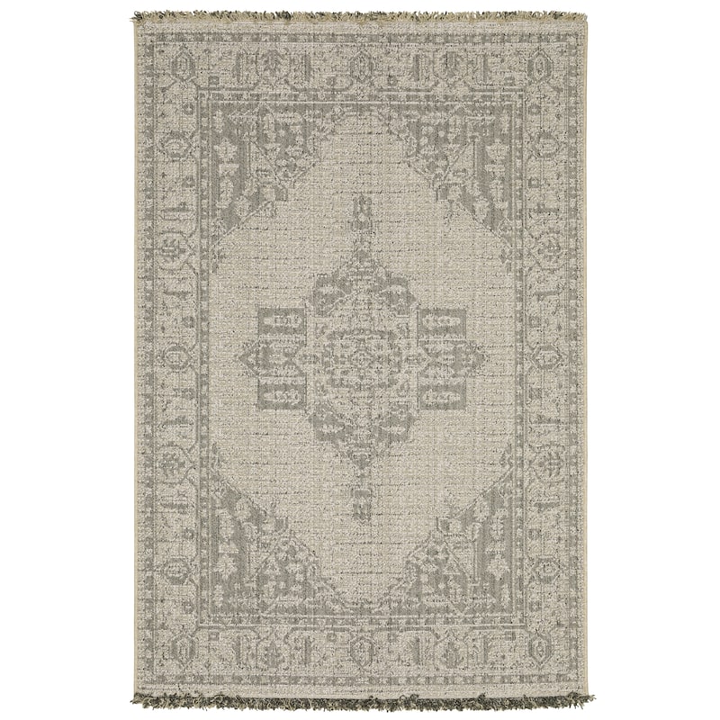 Style Haven Grayton Traditional Inspired Beige/ Black Indoor-Outdoor Fringe Edge Rug - 3'3" x 5'