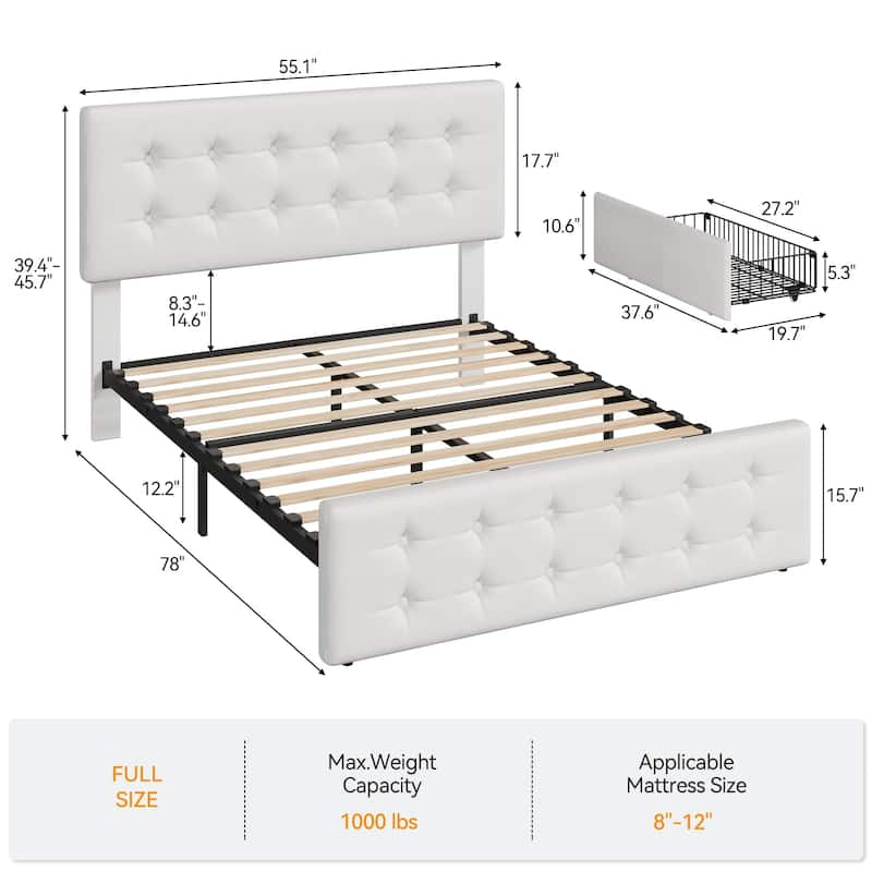 Full Bed Frame with Headboard and 4 Storage Drawers, Platform Bed Frame Square Stitched Button Tufted