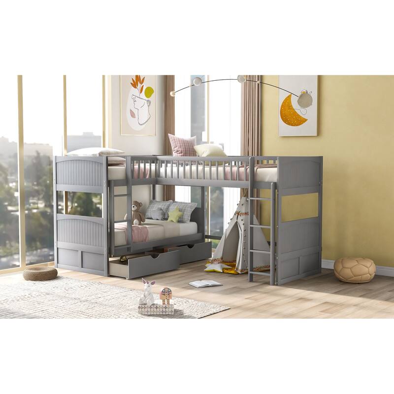 Twin Size Bunk Bed with Loft and Two Drawers, Gray